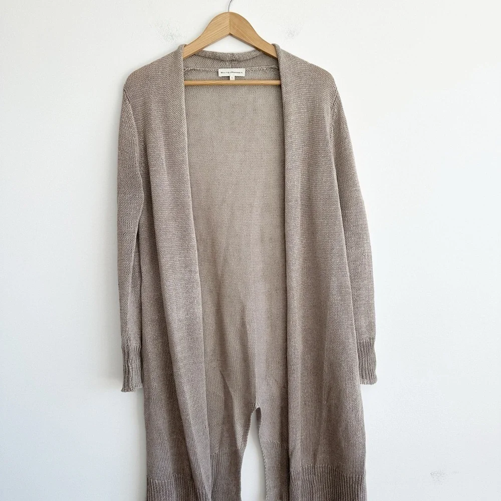 White And Warren Linen Cardigan Sweater Open Front Longline Beige Women’s Small